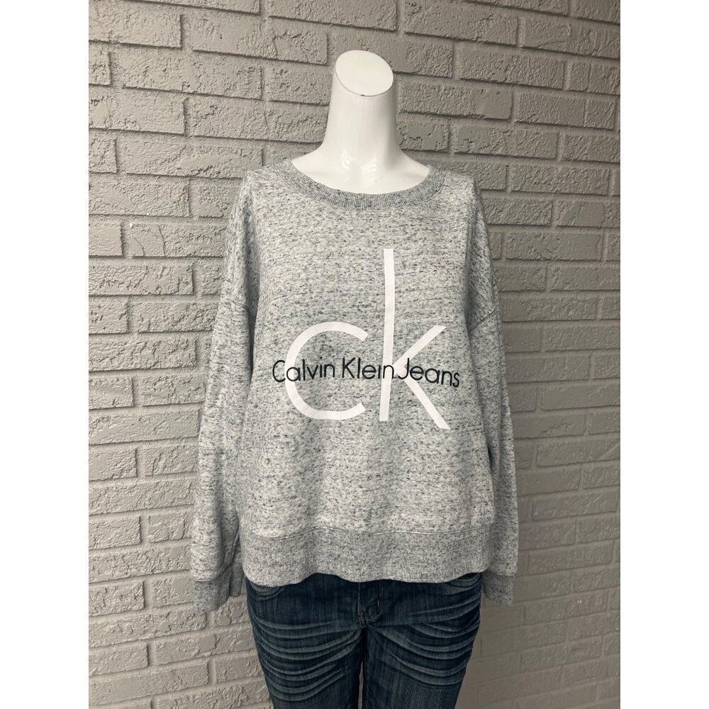Calvin Klein Women Long Sleeve Crew Neck Heather Gray Logo Sweater Size L